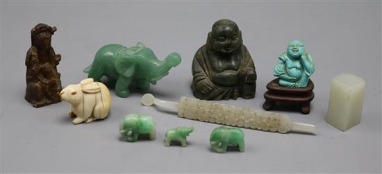 A Chinese jade ornament, three jadeite miniature elephants, other stone carvings and an ivory netsuke of a hare